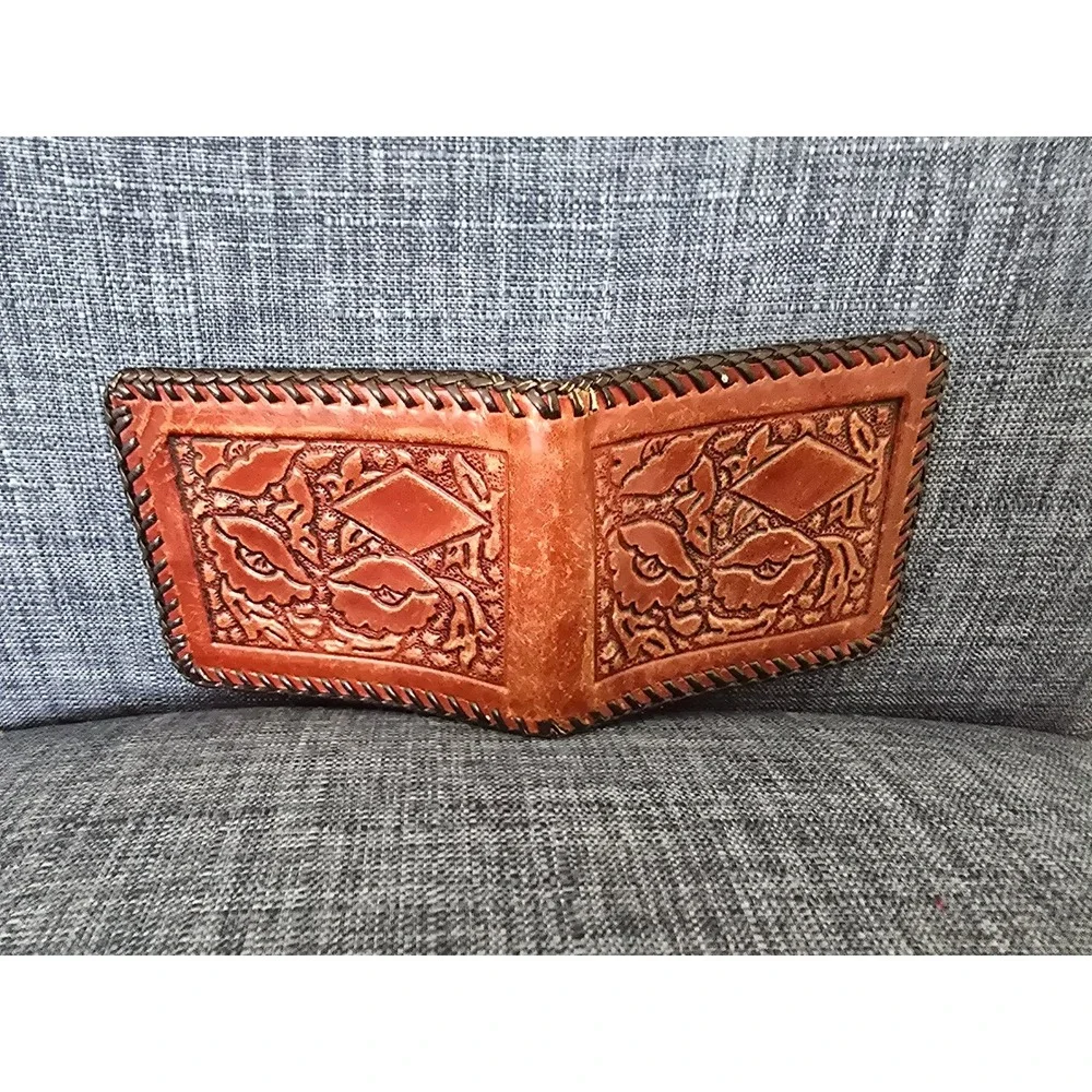 Vintage Hand Tooled Leather Bifold Wallet Western Floral Whipstitch Tan Brown